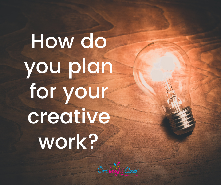 Text on picture of lit bulb on desk: How do you plan for your creative work?