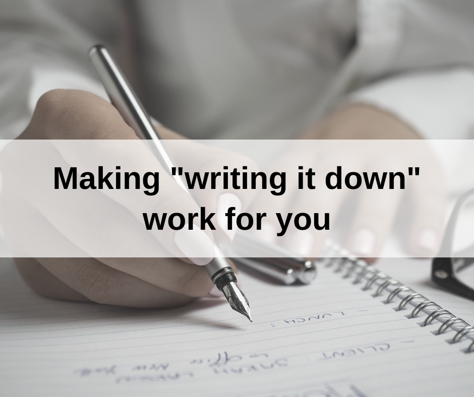 background image of woman writing in notebook. Text on top says "Making 'writing it down' work for you"